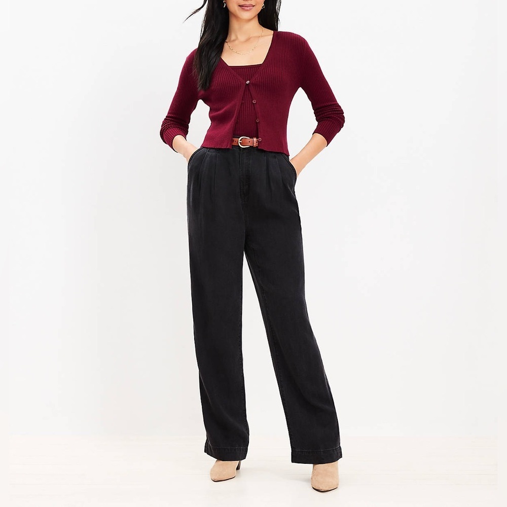 NWT Loft Women's High Rise Palazzo Jeans Washed Black Lyocell Linen Blend